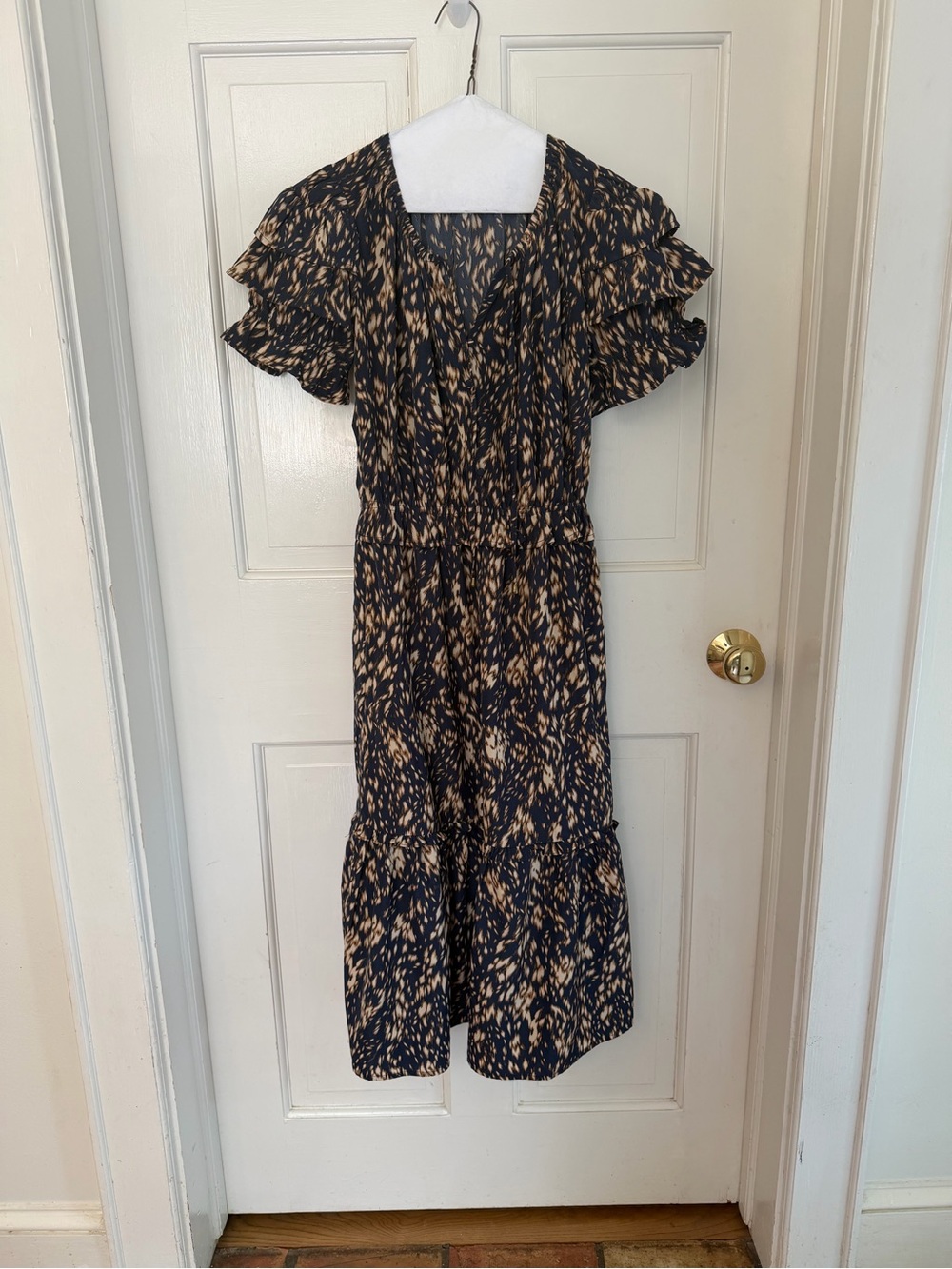 THML Abstract Print Midi Dress Ruffle Sleeve Smocked Waist XS